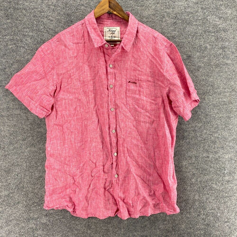 Island Life Shirt Men XL Pink Button Up Collared Short Sleeve Linen Pockets